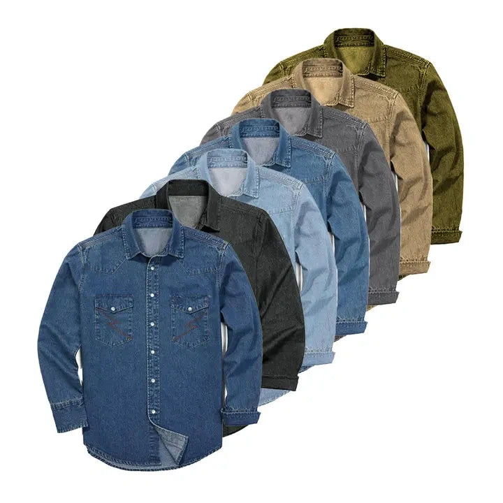 Langärmliges Arbeitshemd aus Stonewashed- und vorgewaschenem Denim für Herren (Die Knöpfe an diesem Hemd sind Druckknöpfe)