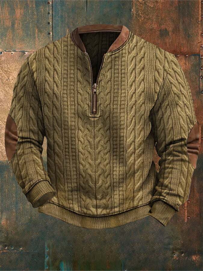 Men's Retro Western Textured Print Zipper Neck Knit Sweatshirt
