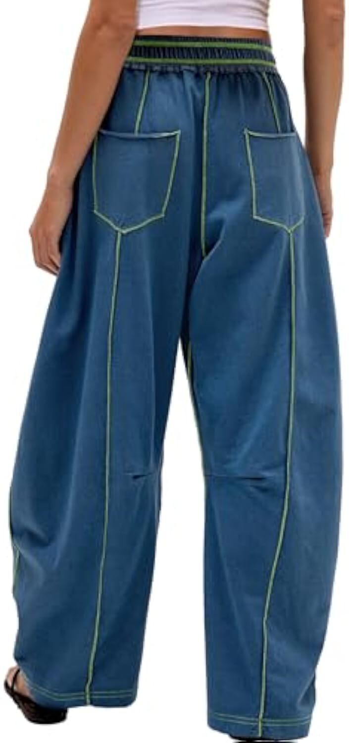 Women's Baggy Barrel Pants Wide Leg Lounge Drawstring Sweatpants with Pockets