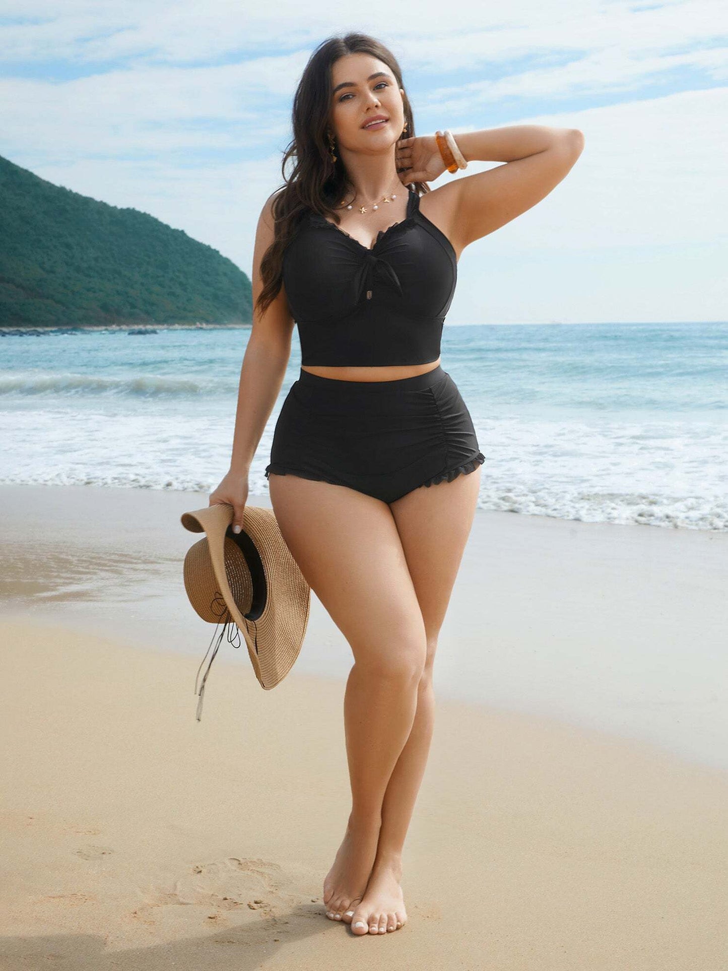 Bust Knot-Tie Ruffle Trim Supportive Swim Top