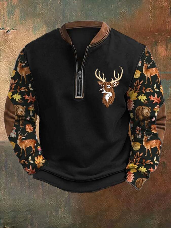 Men's Casual Vintage Elk Contrast Zip-Up Sweatshirt