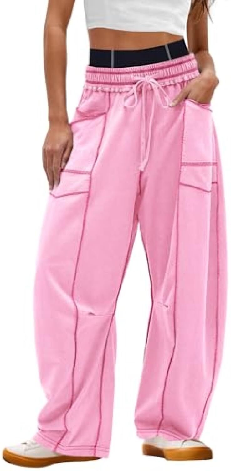 Women's Baggy Barrel Pants Wide Leg Lounge Drawstring Sweatpants with Pockets