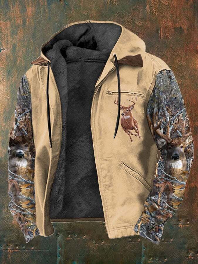 Men's Western Style Vintage Elk Plush Multi-Pocket Jacket