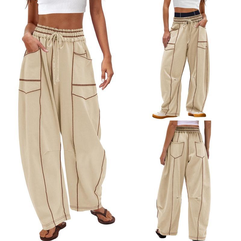 Women's Baggy Barrel Pants Wide Leg Lounge Drawstring Sweatpants with Pockets