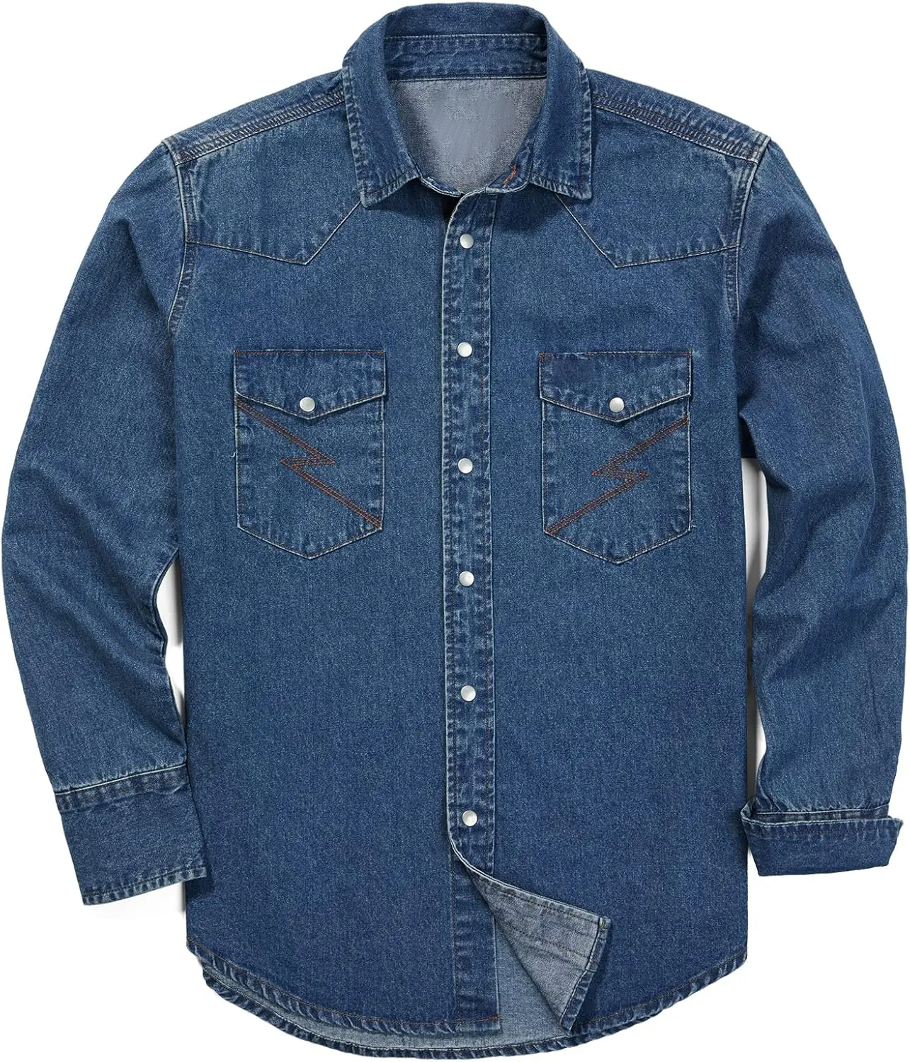 Men's Long Sleeve Stone-Washed and Pre-Washed Denim Work Shirt(The buttons on this shirt are snap buttons)