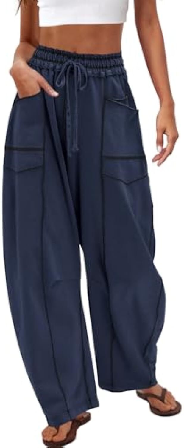 Women's Baggy Barrel Pants Wide Leg Lounge Drawstring Sweatpants with Pockets