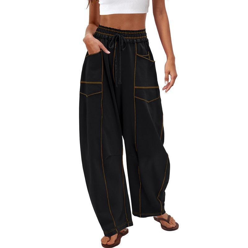 Women's Baggy Barrel Pants Wide Leg Lounge Drawstring Sweatpants with Pockets