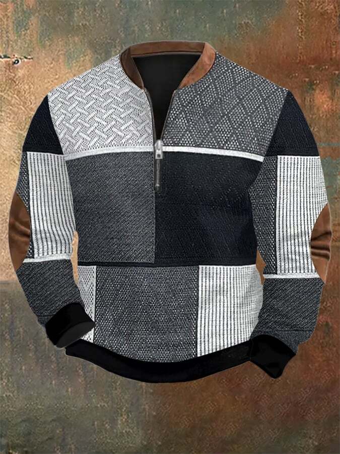 Men's Retro Western Textured Print Zip Collar Sweatshirt