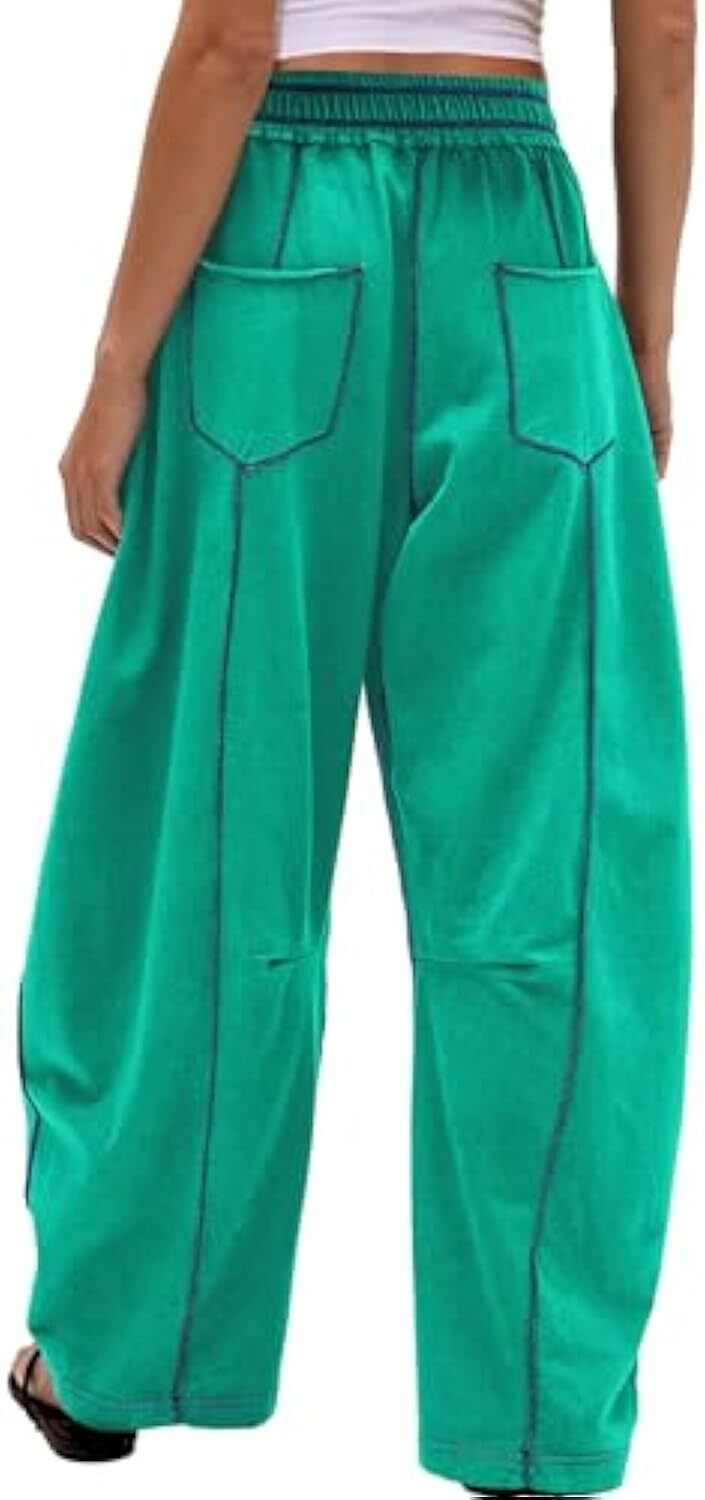 Women's Baggy Barrel Pants Wide Leg Lounge Drawstring Sweatpants with Pockets