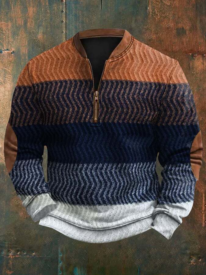 Men's Retro Colorblock Cable Pattern Print Casual Pullover