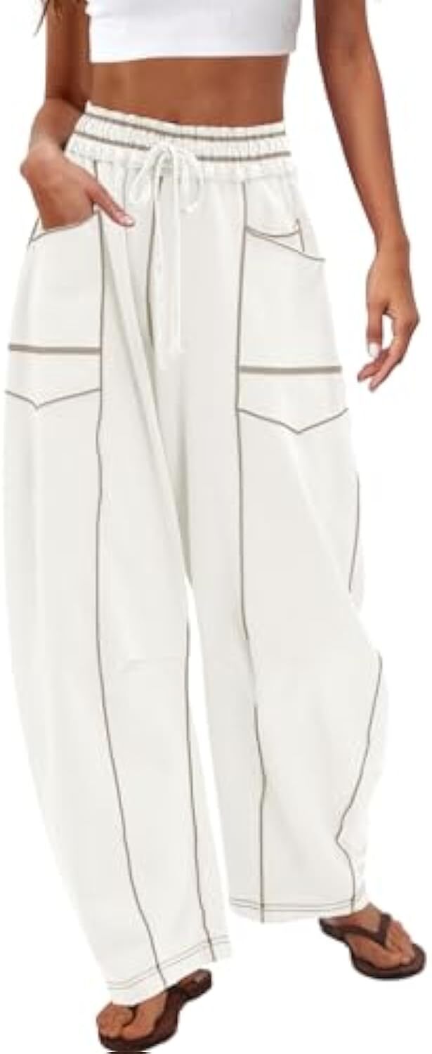 Women's Baggy Barrel Pants Wide Leg Lounge Drawstring Sweatpants with Pockets