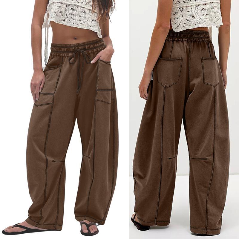 Women's Baggy Barrel Pants Wide Leg Lounge Drawstring Sweatpants with Pockets