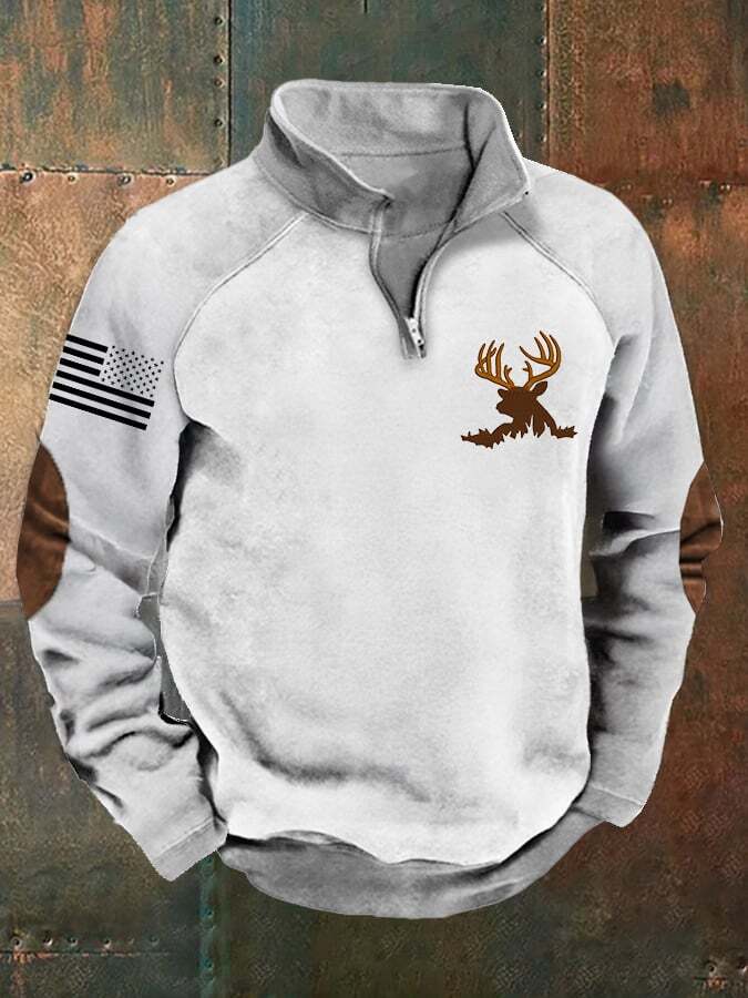 Men's Vintage Elk Print Zip-Up Sweatshirt
