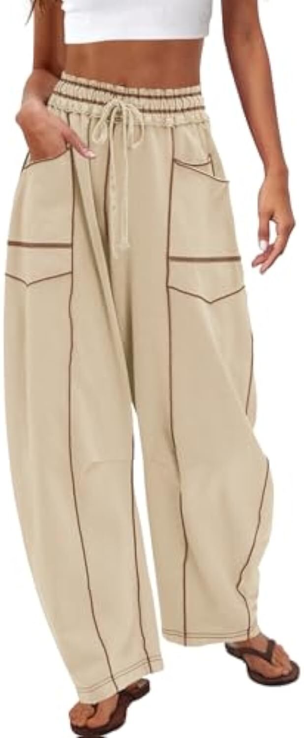 Women's Baggy Barrel Pants Wide Leg Lounge Drawstring Sweatpants with Pockets