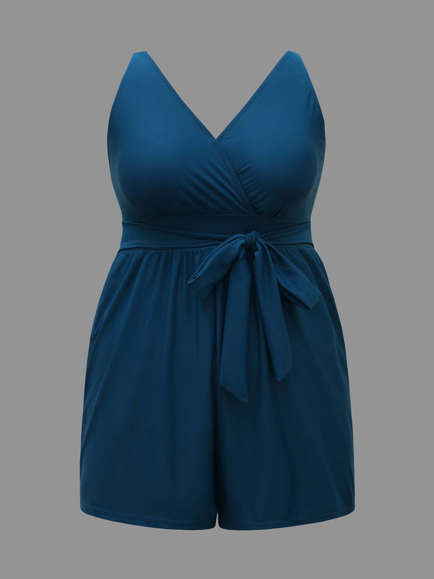 Surplice Neckline Belted Plain One-Piece Swimsuit
