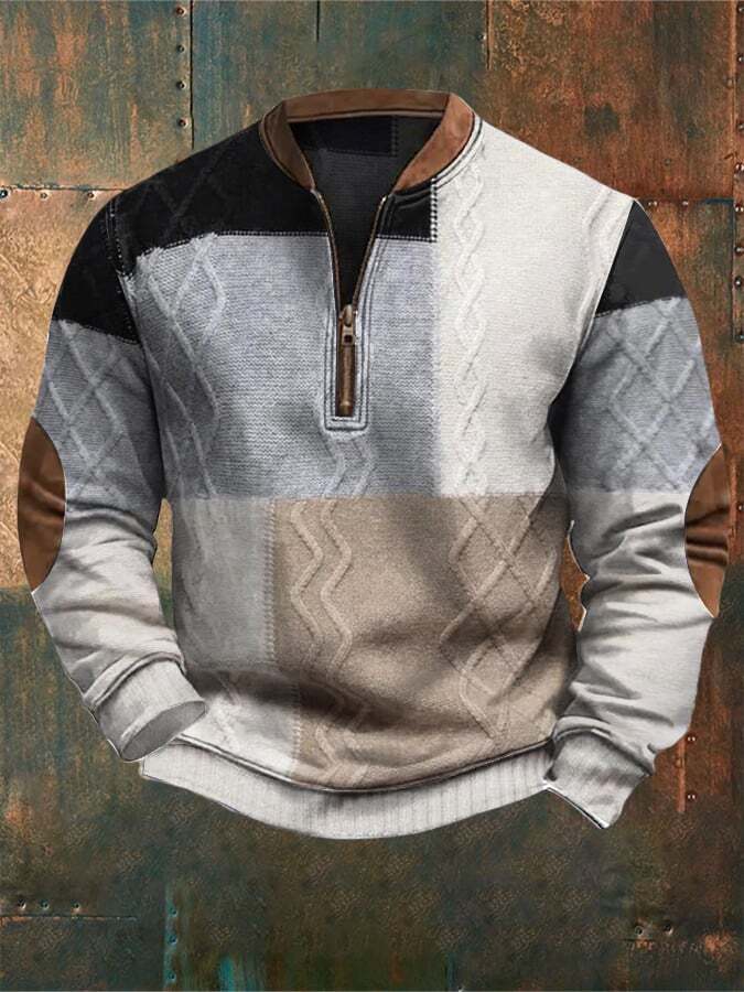 Men's Retro Western Textured Print Zipper Neck Knit Sweatshirt
