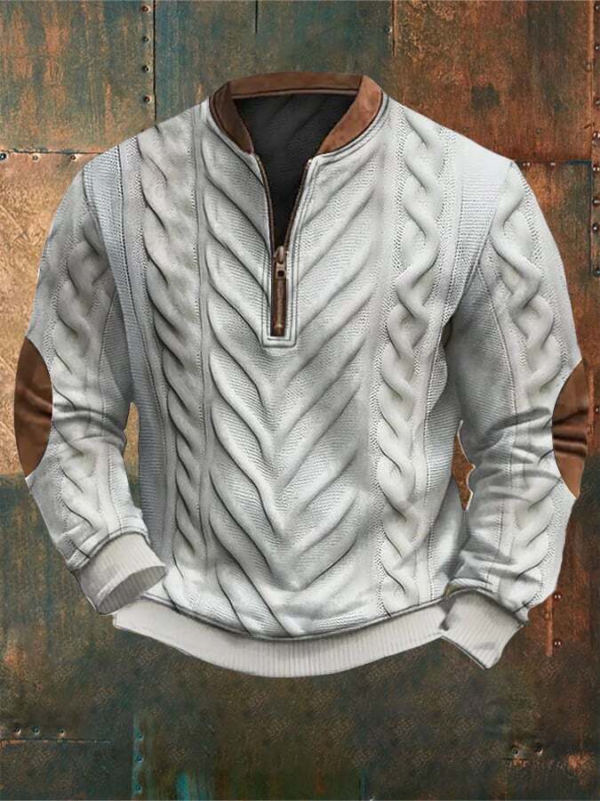 Men's Retro Western Textured Print Zipper Neck Knit Sweatshirt