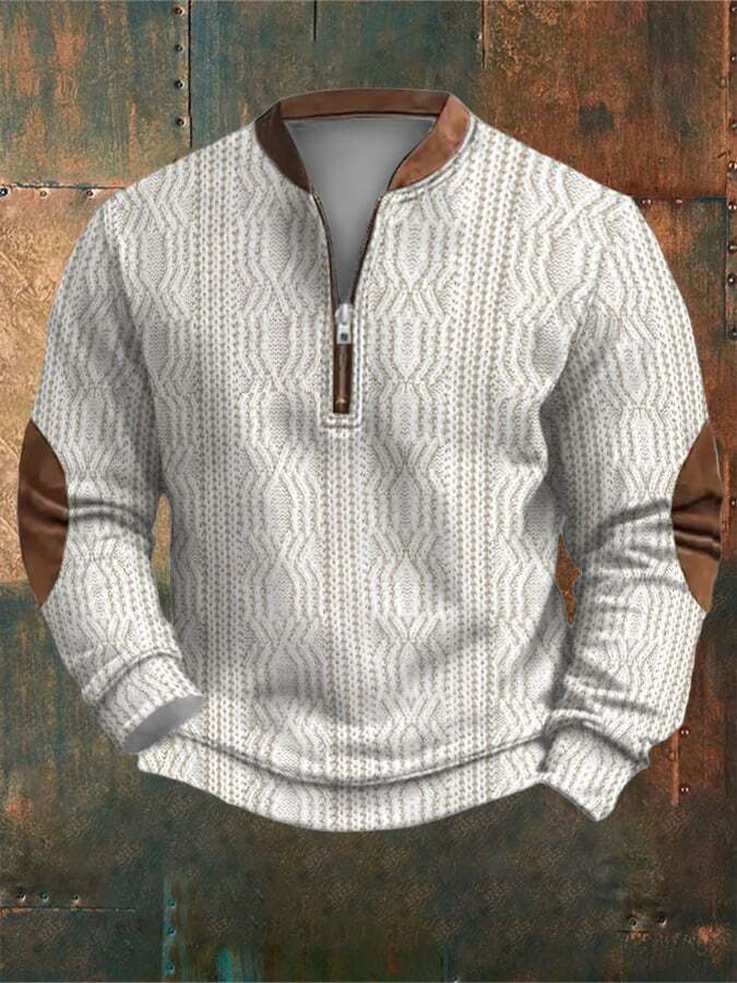 Men'S Retro Print Casual Zip Sweater