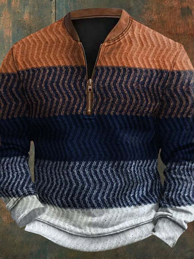 Men's Retro Colorblock Cable Pattern Print Casual Pullover