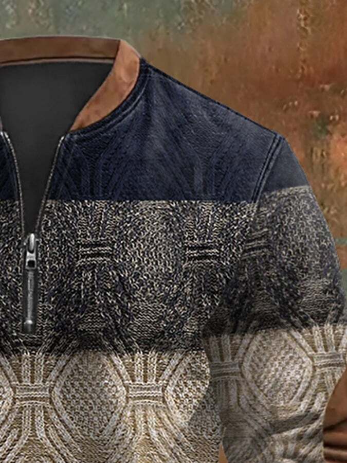 Men's Retro Christmas Print Zip Collar Sweatshirt