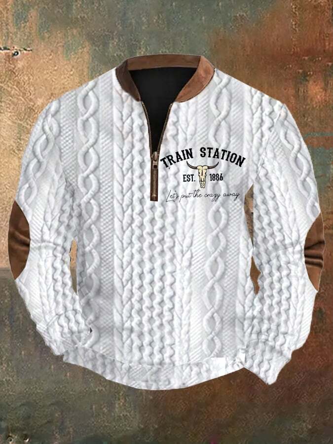 Men's Retro Western Bull Head Design Braided Jacquard Zipper Neck Sweatshirt