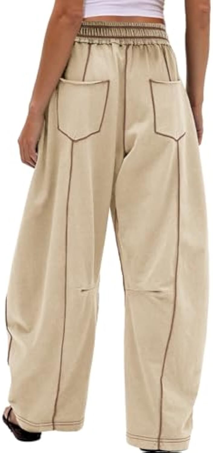 Women's Baggy Barrel Pants Wide Leg Lounge Drawstring Sweatpants with Pockets