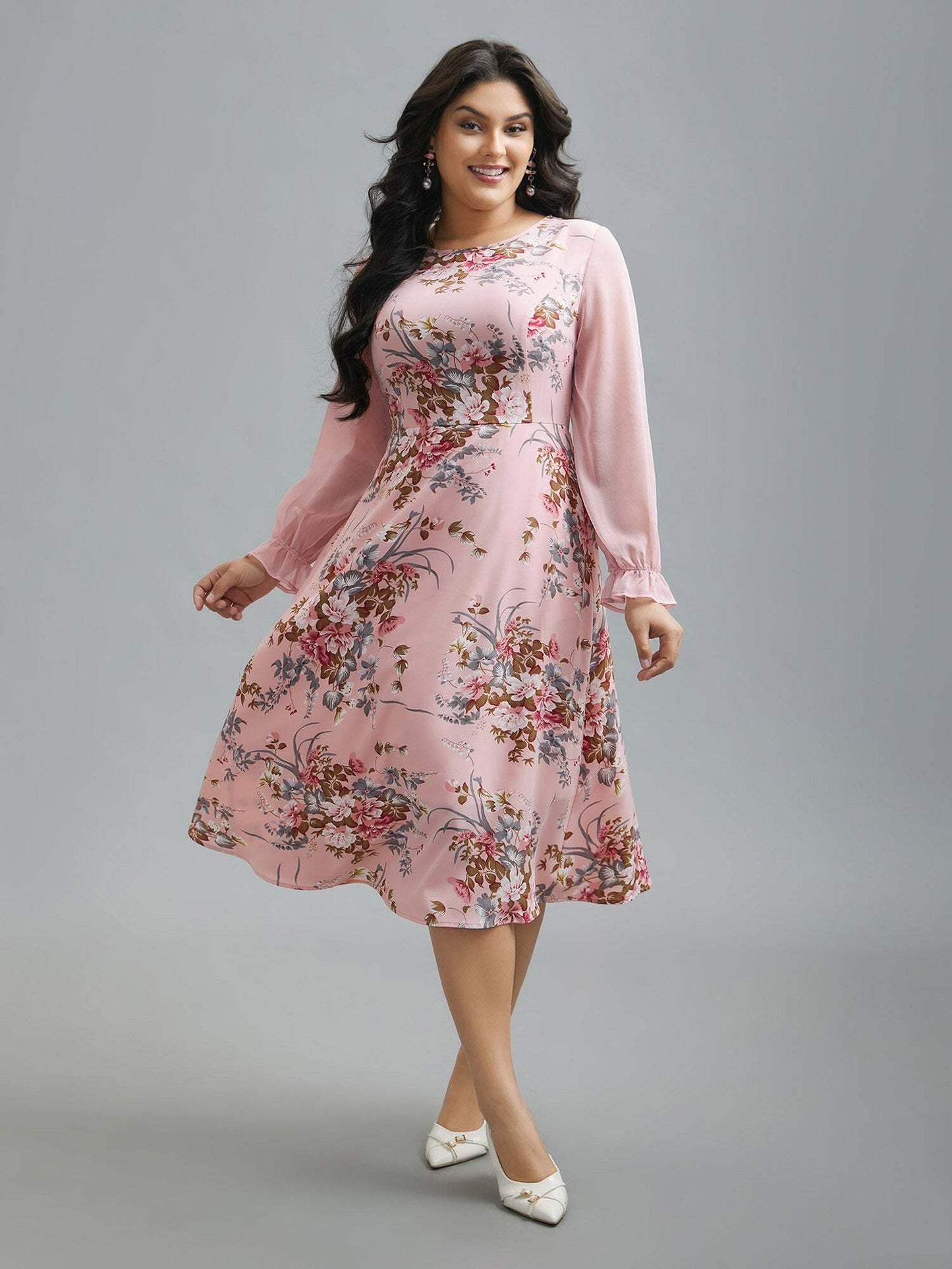 Floral Print Spliced Waist Cinched Midi Dress