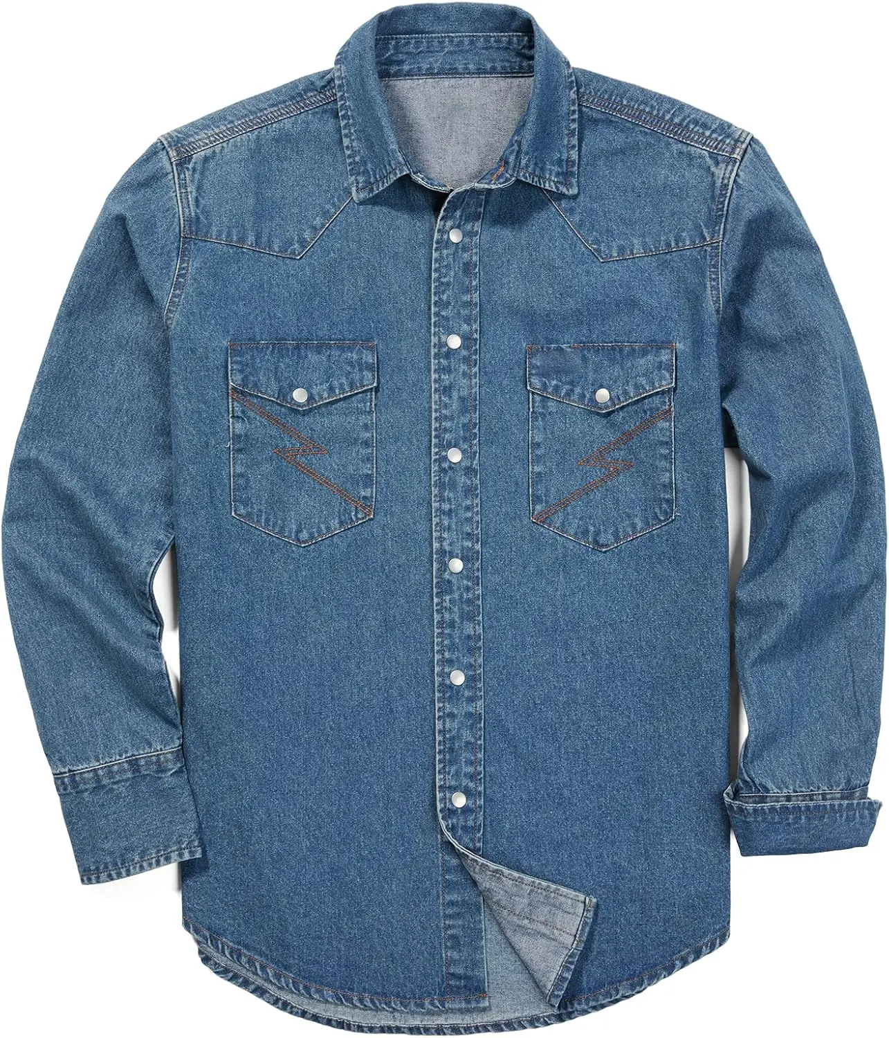 Men's Long Sleeve Stone-Washed and Pre-Washed Denim Work Shirt(The buttons on this shirt are snap buttons)