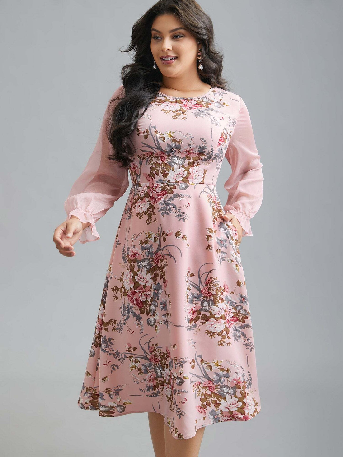 Floral Print Spliced Waist Cinched Midi Dress