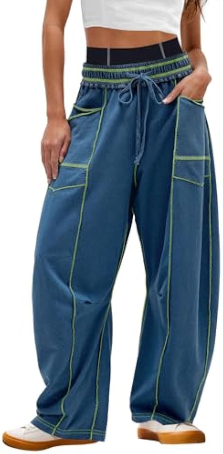 Women's Baggy Barrel Pants Wide Leg Lounge Drawstring Sweatpants with Pockets