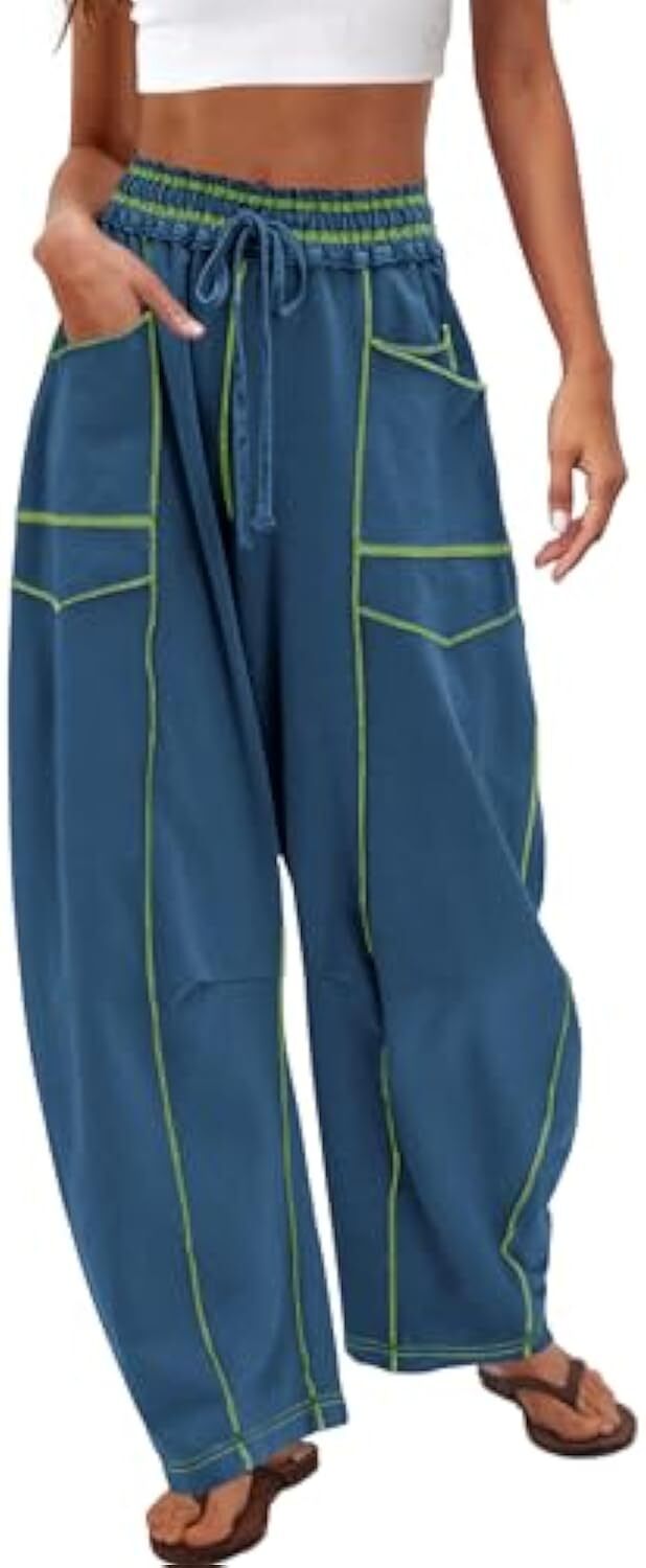 Women's Baggy Barrel Pants Wide Leg Lounge Drawstring Sweatpants with Pockets