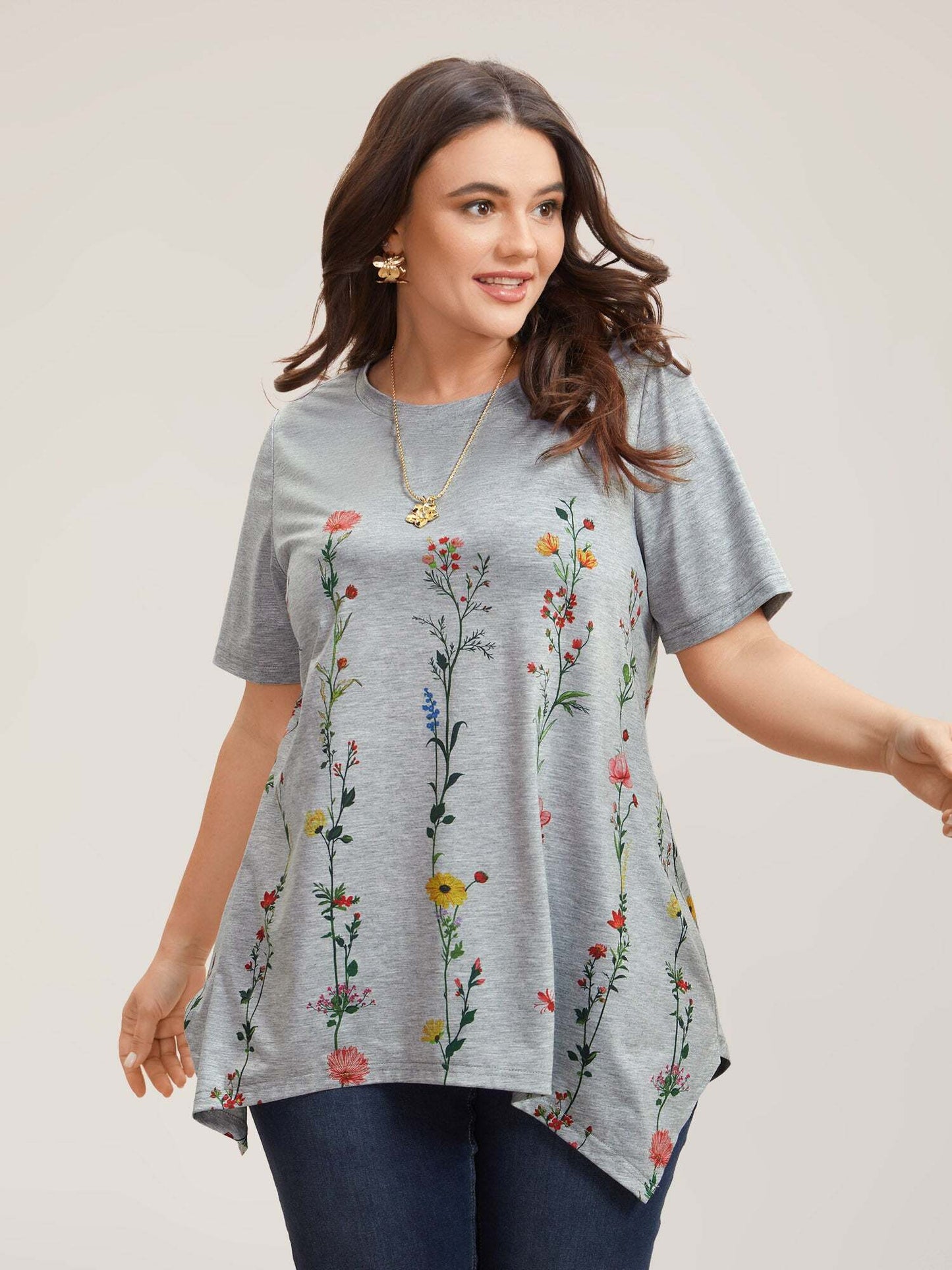 Stretchy Hi-Low Hem Floral T-Shirt