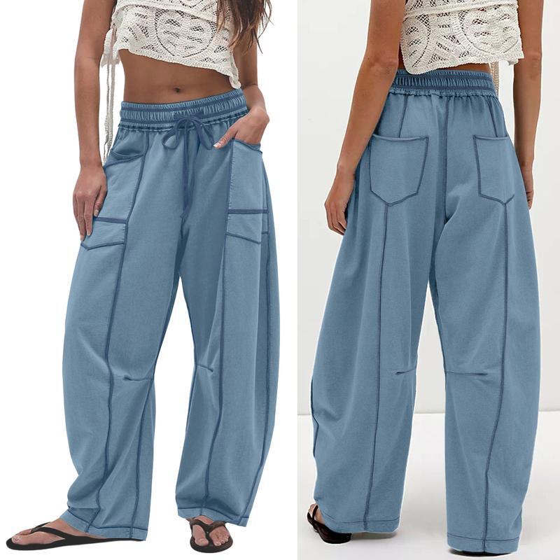 Women's Baggy Barrel Pants Wide Leg Lounge Drawstring Sweatpants with Pockets