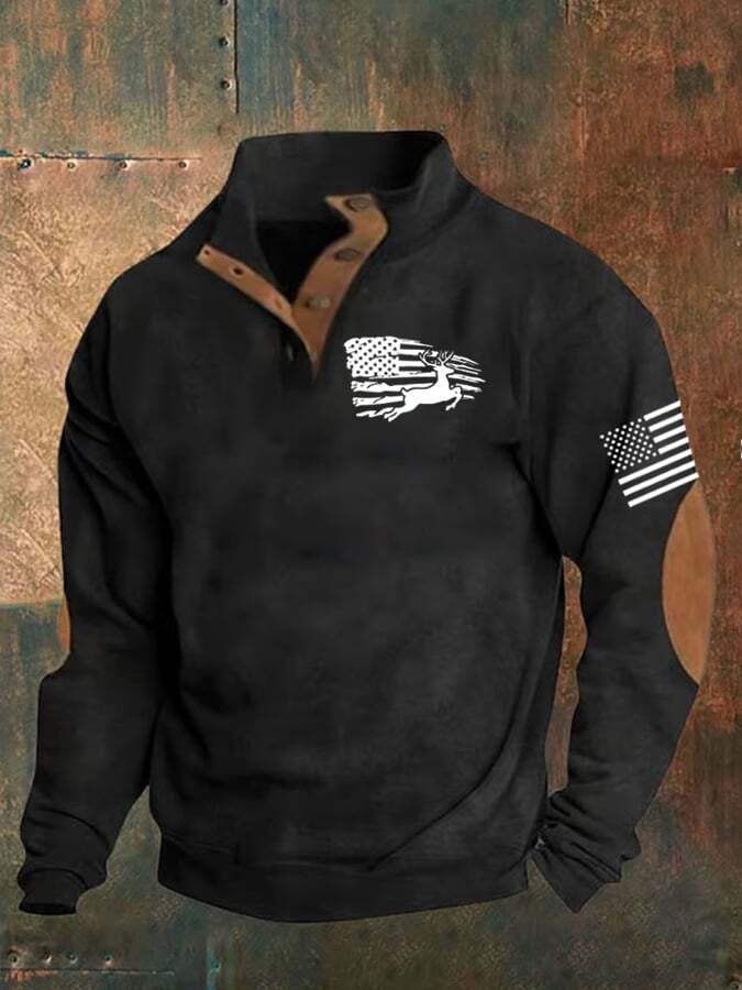 Herren-Sweatshirt mit amerikanischer Flagge und Hirsch-Print, Stehkragen und Knopfleiste