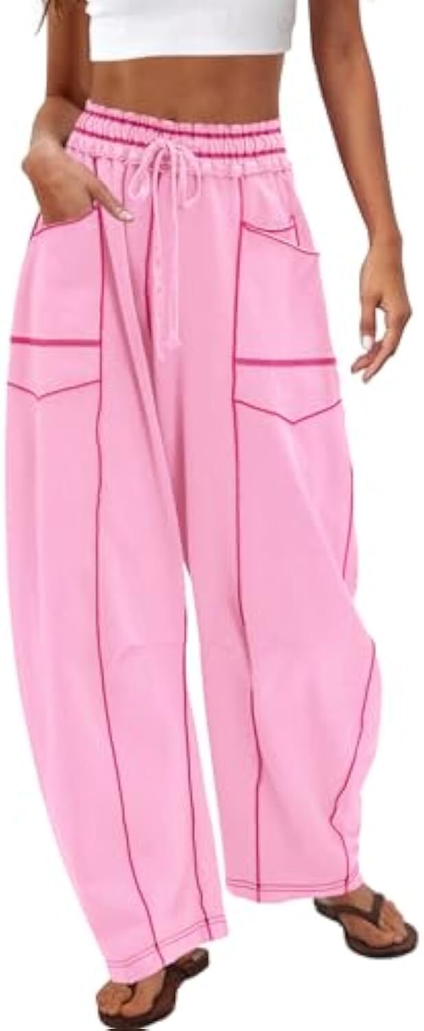 Women's Baggy Barrel Pants Wide Leg Lounge Drawstring Sweatpants with Pockets