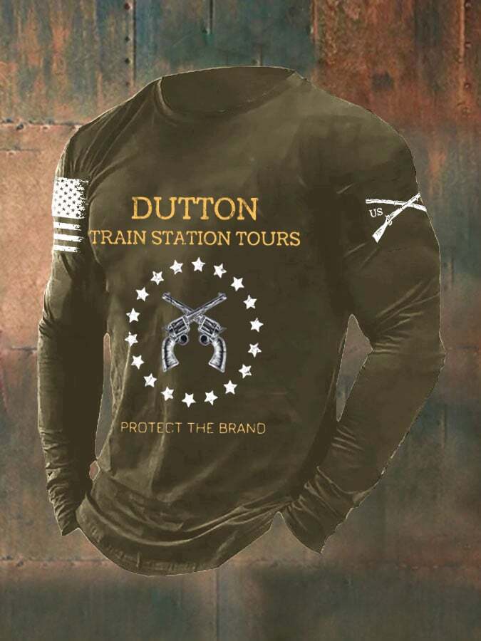 Men's Train Station Tour Protect the Brand Print Casual Long Sleeve T-Shirt