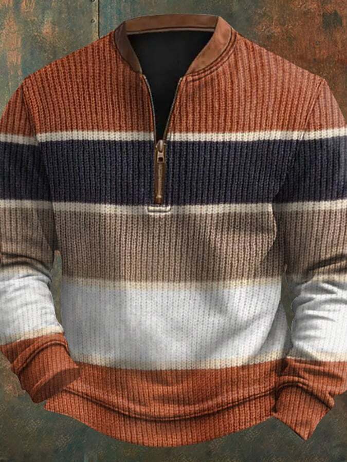 Men's Retro Colorblock Cable Pattern Print Casual Pullover