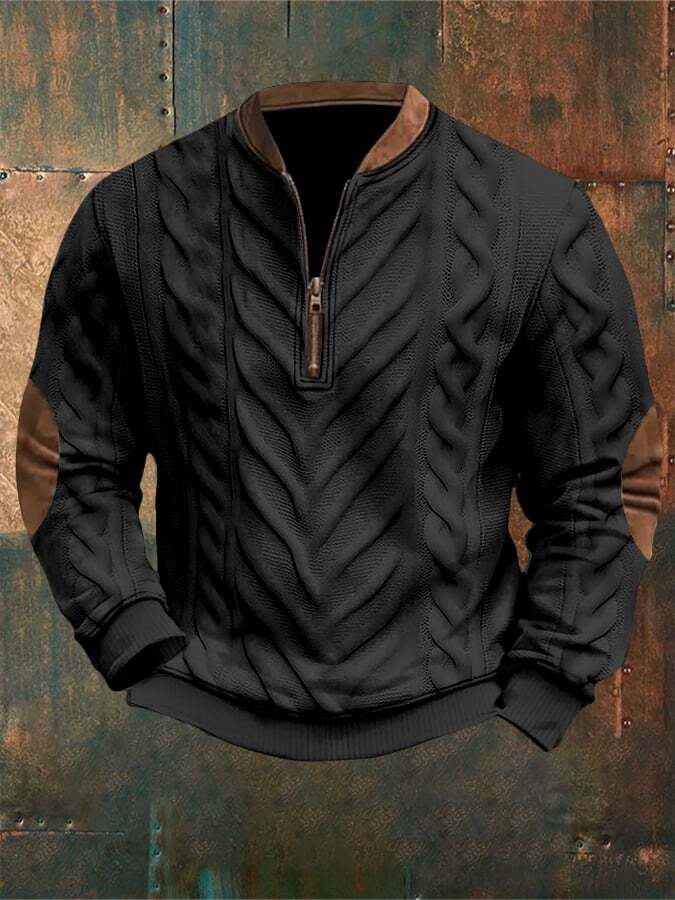 Men's Retro Western Textured Print Zipper Neck Knit Sweatshirt
