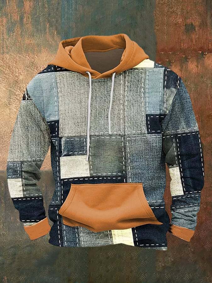 Men's Vintage Distressed Stitching Printed Hooded Sweatshirt