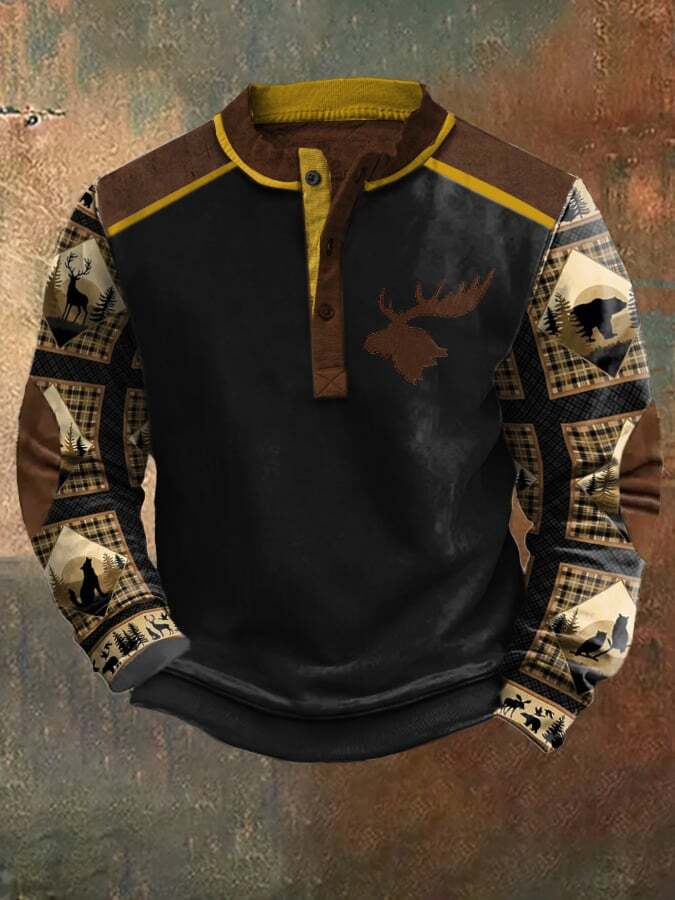 Men's Casual Vintage Contrast Elk Western Sweatshirt