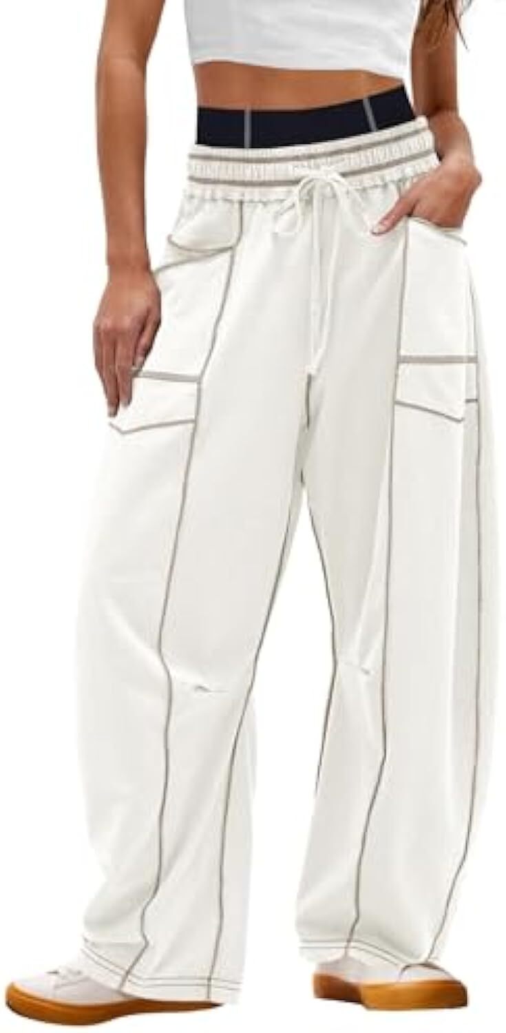 Women's Baggy Barrel Pants Wide Leg Lounge Drawstring Sweatpants with Pockets