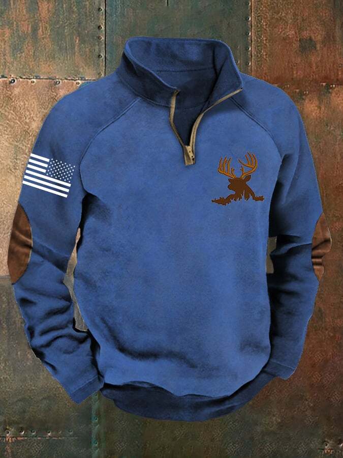Men's Vintage Elk Print Zip-Up Sweatshirt