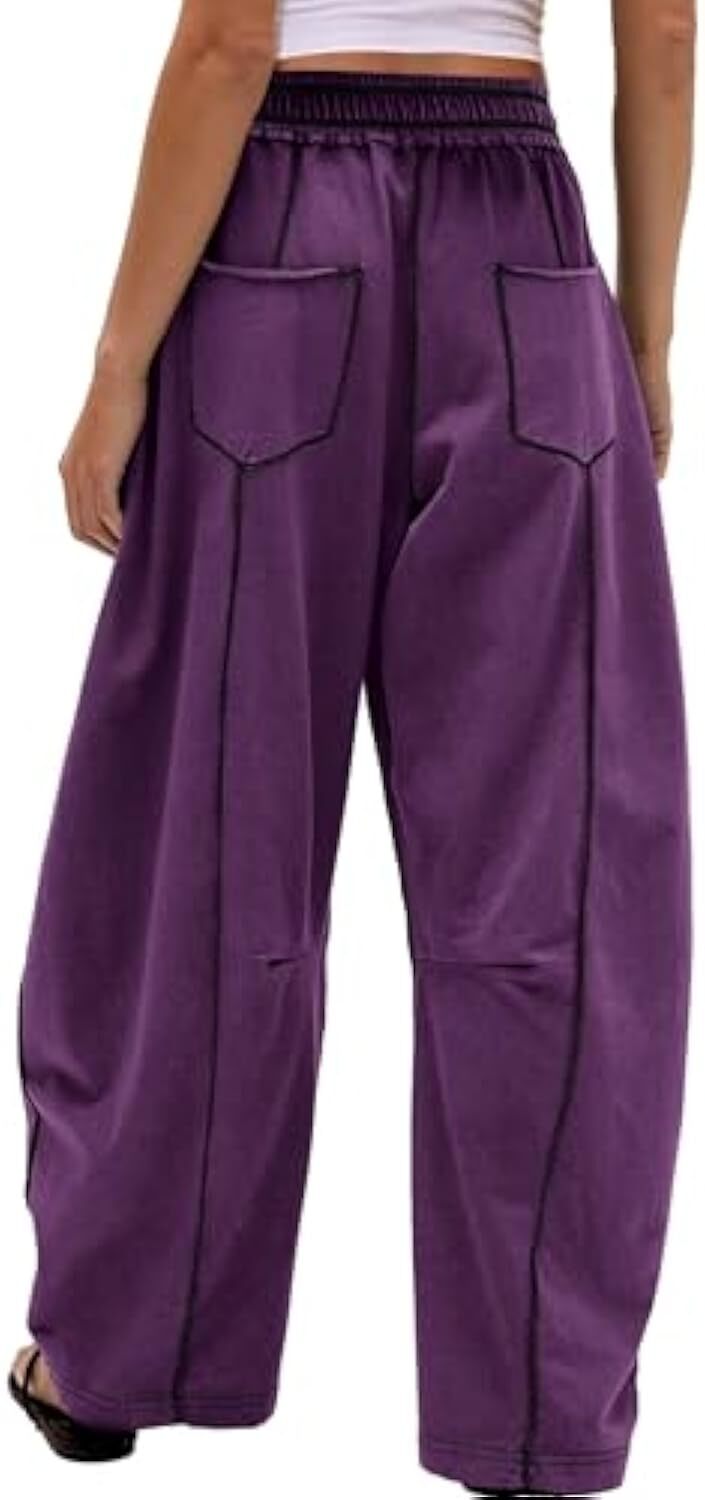 Women's Baggy Barrel Pants Wide Leg Lounge Drawstring Sweatpants with Pockets