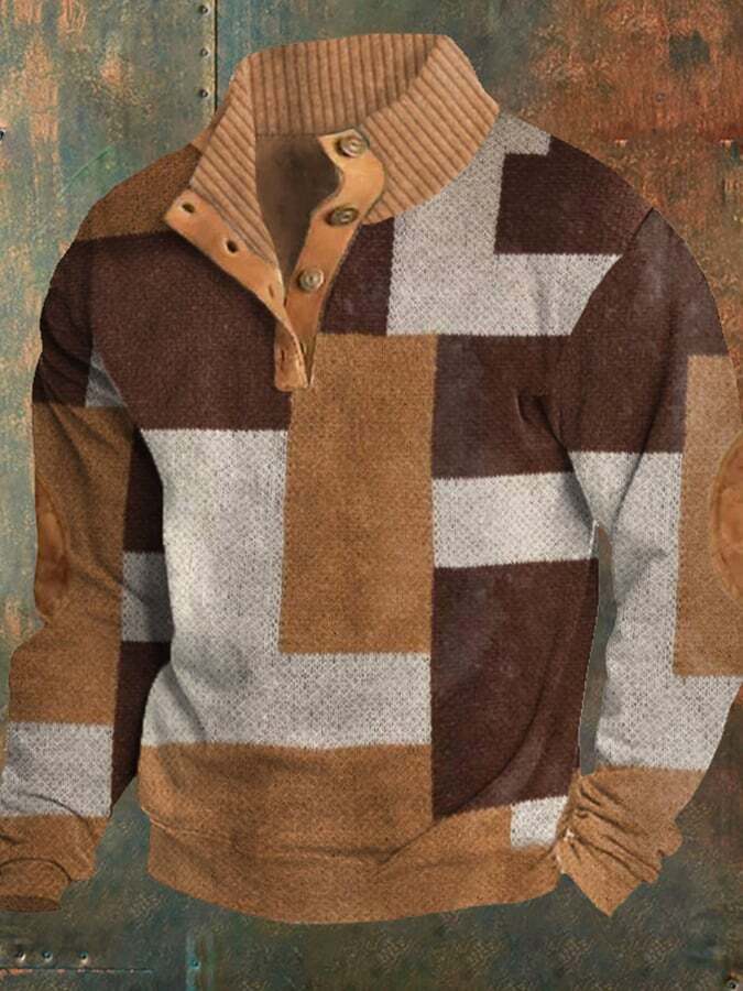 Men's Retro Colorblock Print Casual Buttons Pullover