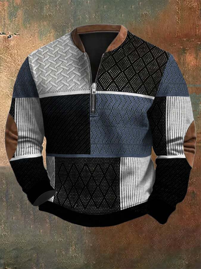 Men's Retro Western Textured Print Zip Collar Sweatshirt