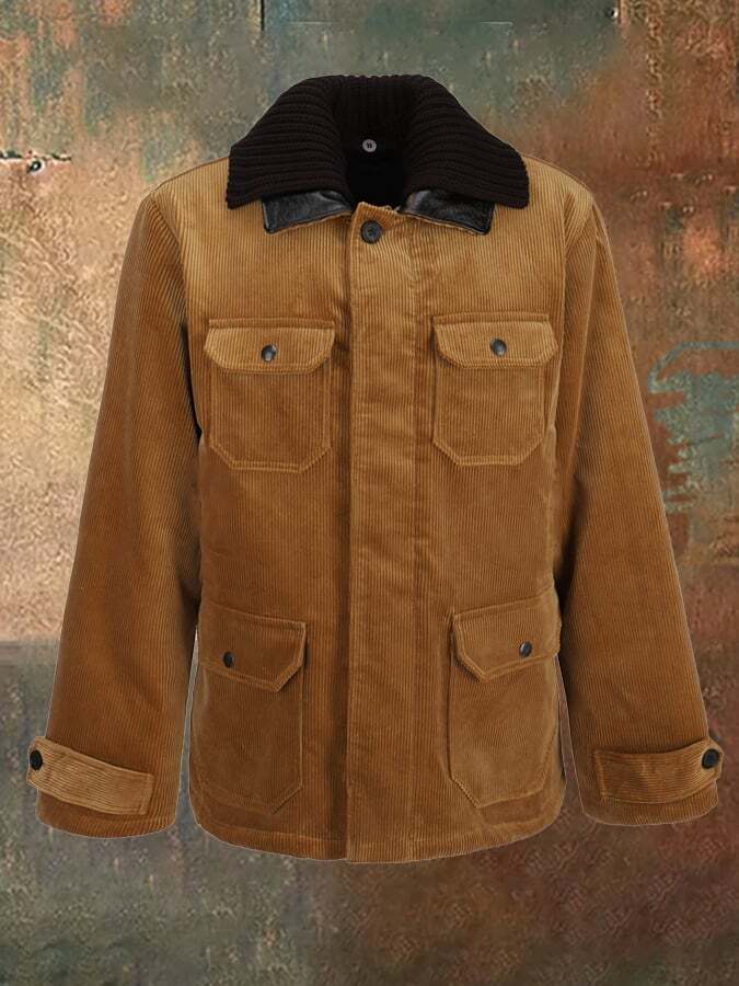Men's Retro Western Corduroy Double Collar Detachable Multi-Pocket Functional Jacket