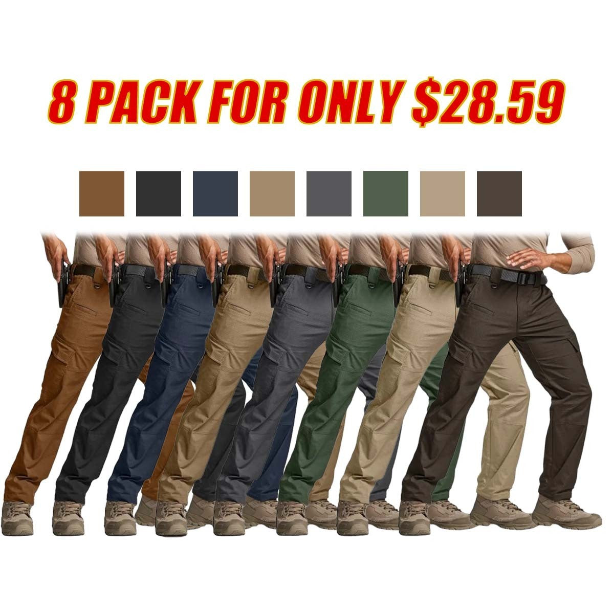 8-Pack Men's Flex Ripstop Tactical Pants, Water Resistant Stretch Cargo Pants, Lightweight EDC Hiking Work Pants