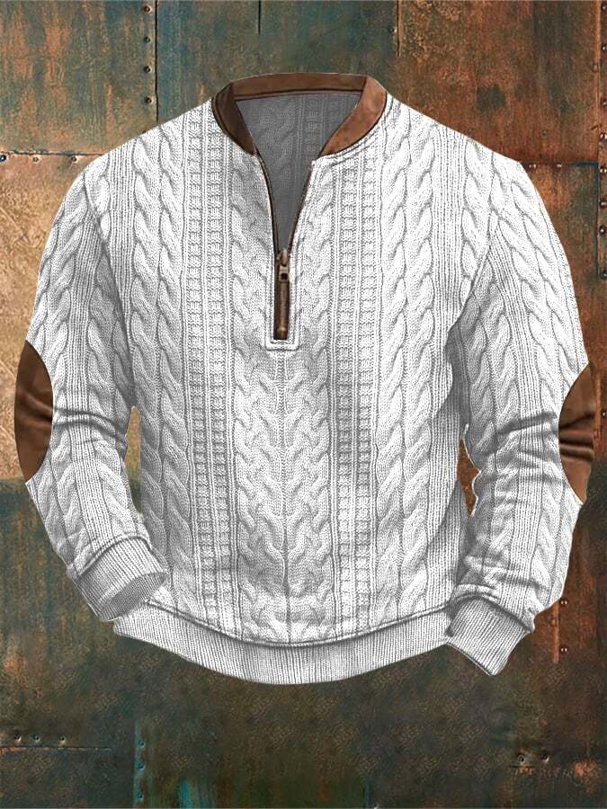 Men's Retro Western Textured Print Zipper Neck Knit Sweatshirt