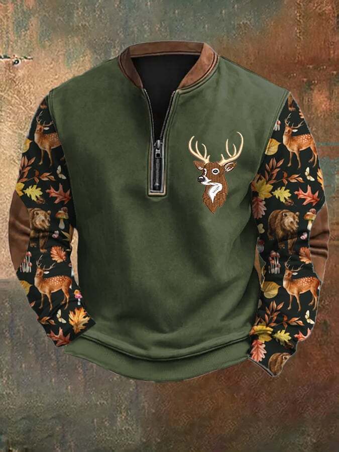 Men's Casual Vintage Elk Contrast Zip-Up Sweatshirt