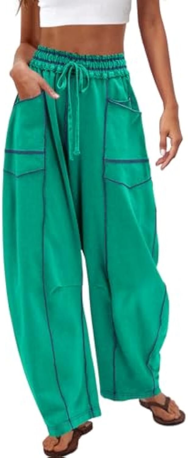 Women's Baggy Barrel Pants Wide Leg Lounge Drawstring Sweatpants with Pockets
